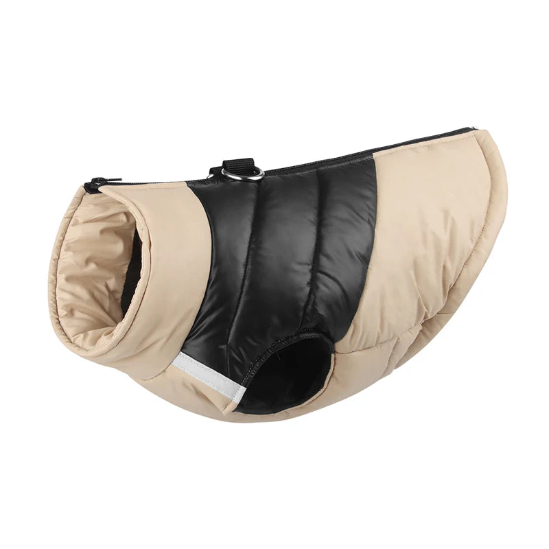 A beige and black padded dog jacket with a cutout design.