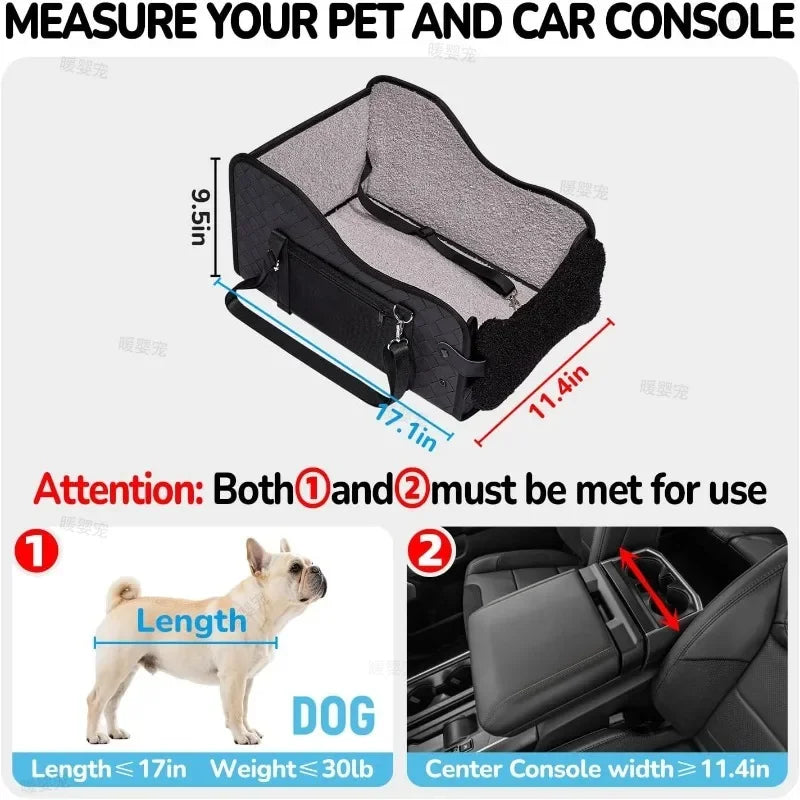 A black pet carrier designed to measure pets and car consoles, showing dimensions for dogs and car consoles.