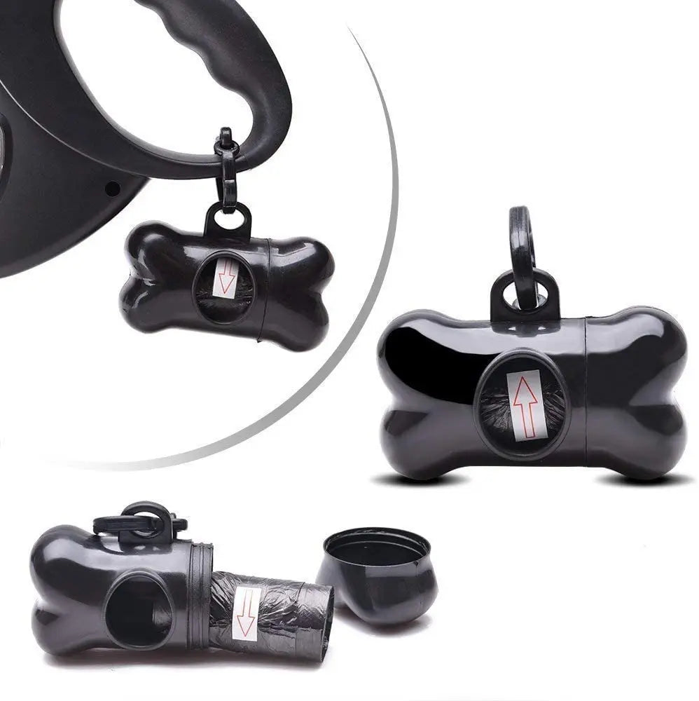 Black reusable pet poop bag dispenser with a leash clip and a roll of bags.