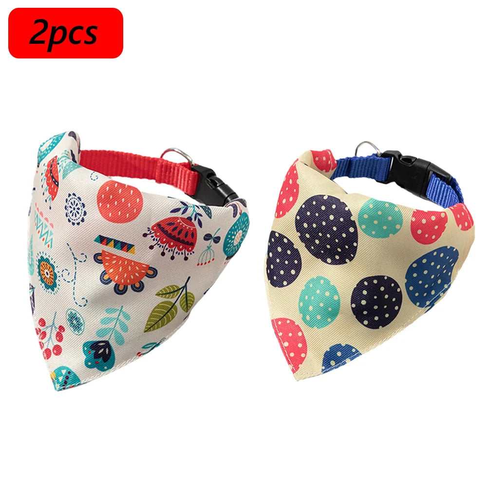 A printed pet collar with a matching bandana featuring colorful floral and fruit patterns for small dogs and cats.