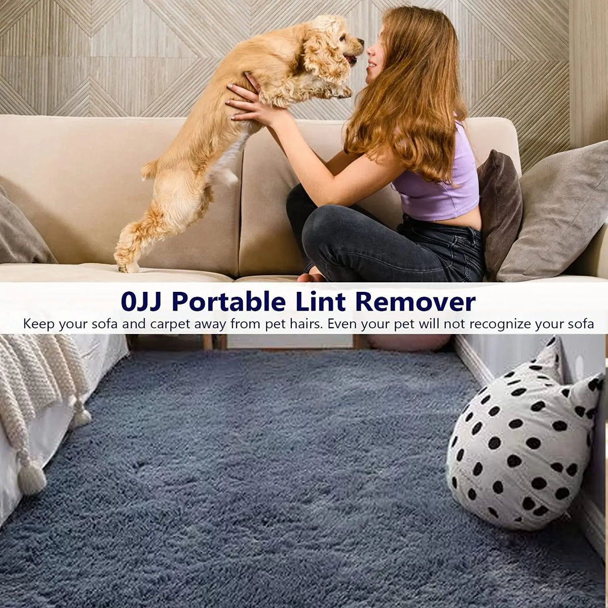 A woman is using an OJJ Portable Lint Remover on a dog, demonstrating its ability to remove pet hair from sofa and carpet.