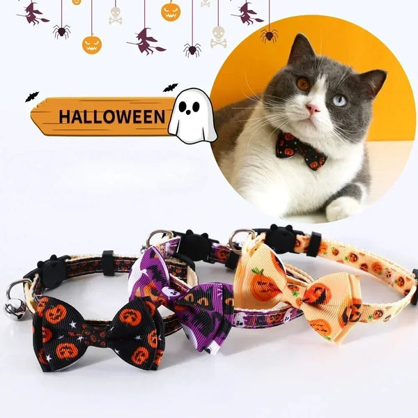 A Halloween cat collar with a bow tie and bell is shown next to a gray and white cat.