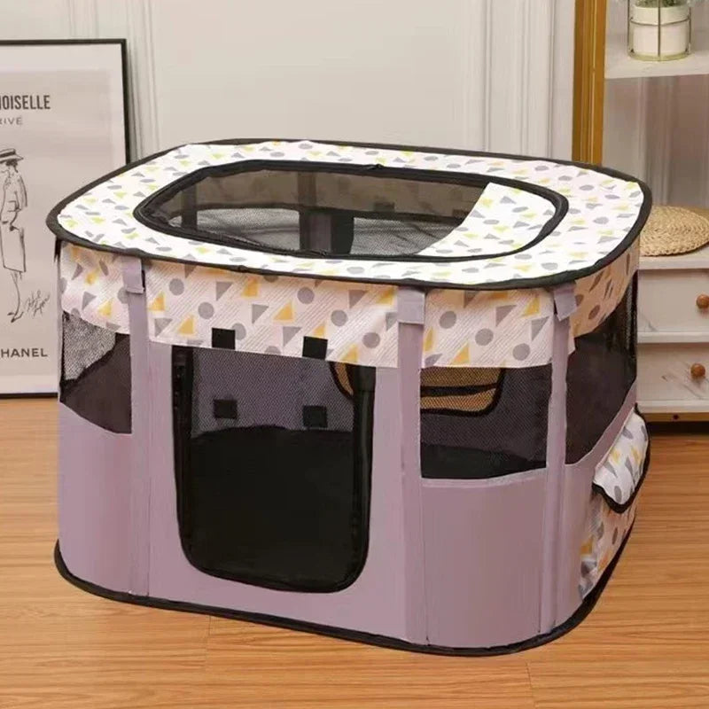 A folding cozy cat tent bed with a purple exterior and a patterned mat is shown on a wooden floor.