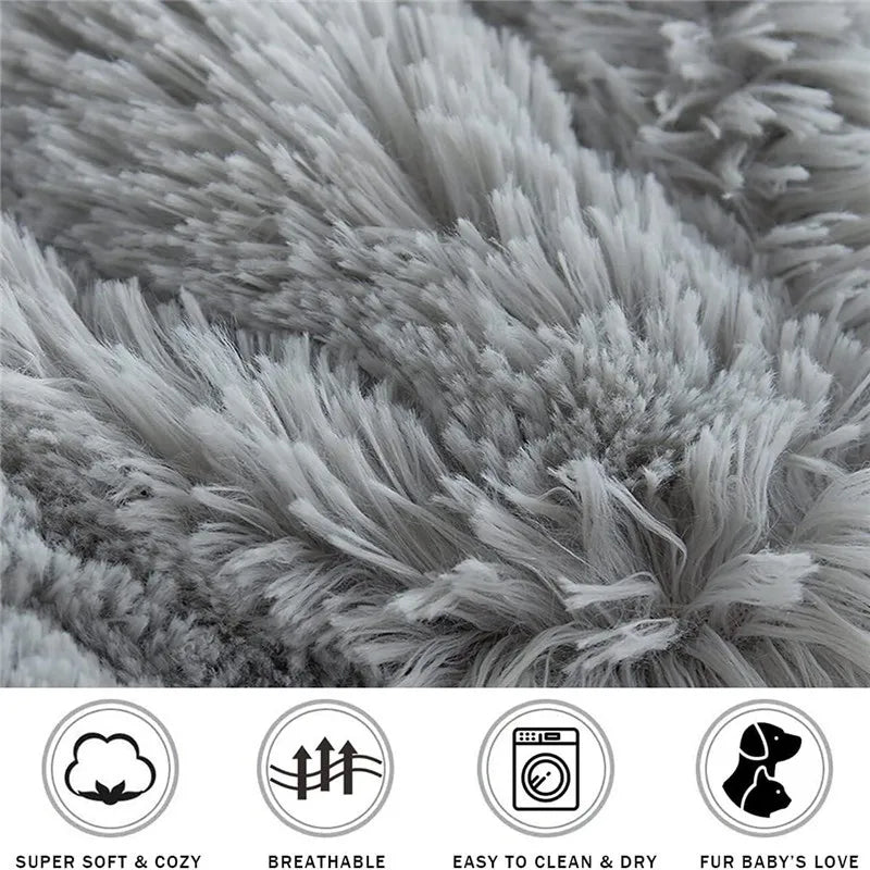 Close-up of soft gray fluffy pet bedding for dogs and cats