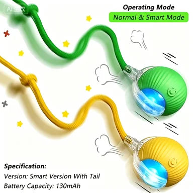 A green and yellow smart self-rolling cat ball toy with a tail, showing its operating modes.