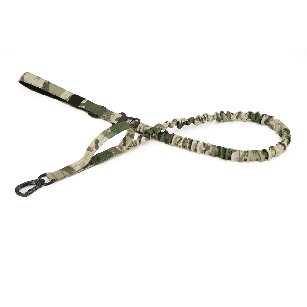 A heavy duty bungee dog leash with dual padded handles in a camouflage pattern.