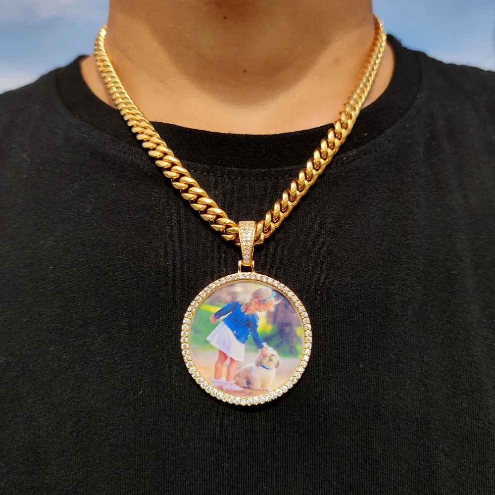 Custom Photo Medallion Pendant Necklace in 18k Gold Finish
