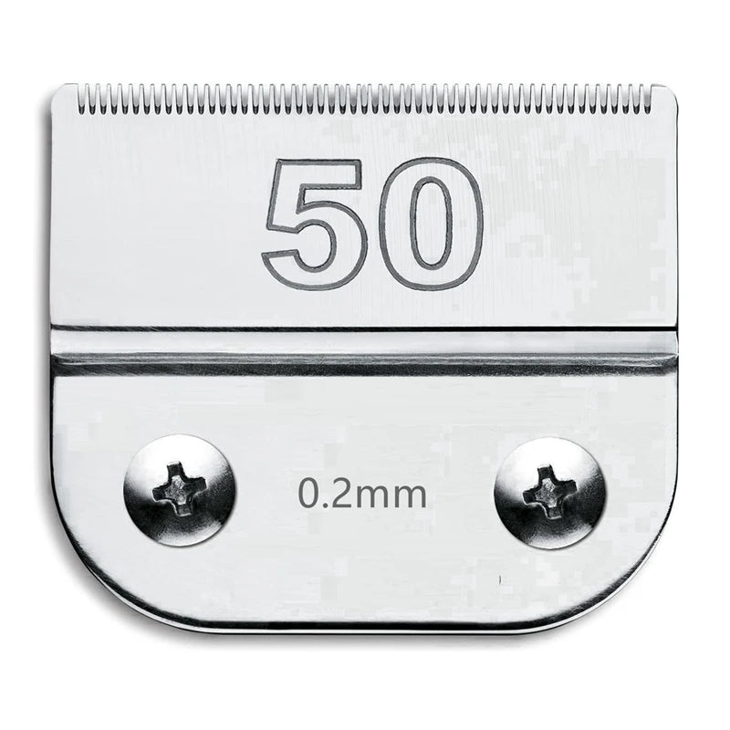 A stainless steel clipper blade with the number 50 engraved on it, measuring 0.2mm.