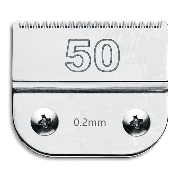 A stainless steel clipper blade with the number 50 engraved on it, measuring 0.2mm.