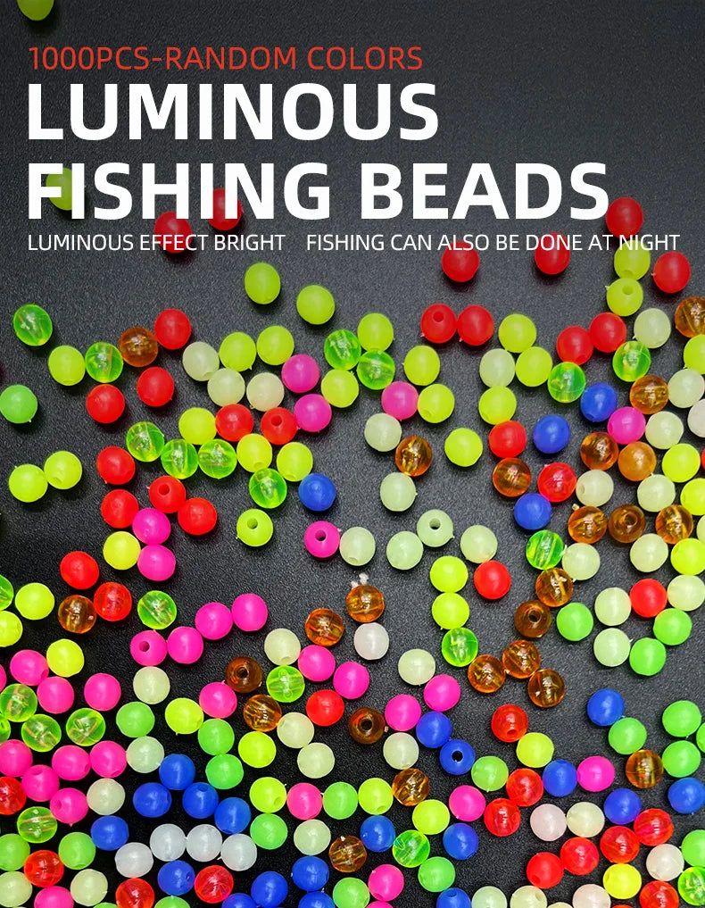 A pile of 1000 pieces of luminous fishing beads in various bright and dark colors.