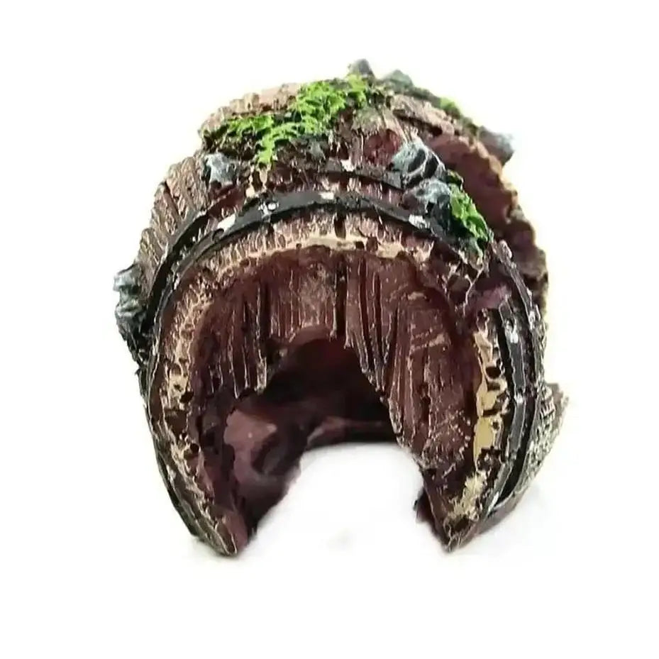 Rustic Resin Barrel Aquarium Ornament with Moss Accents