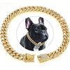 A gold-toned diamond Cuban chain collar for dogs and cats, featuring a dog's head in an inset circle.