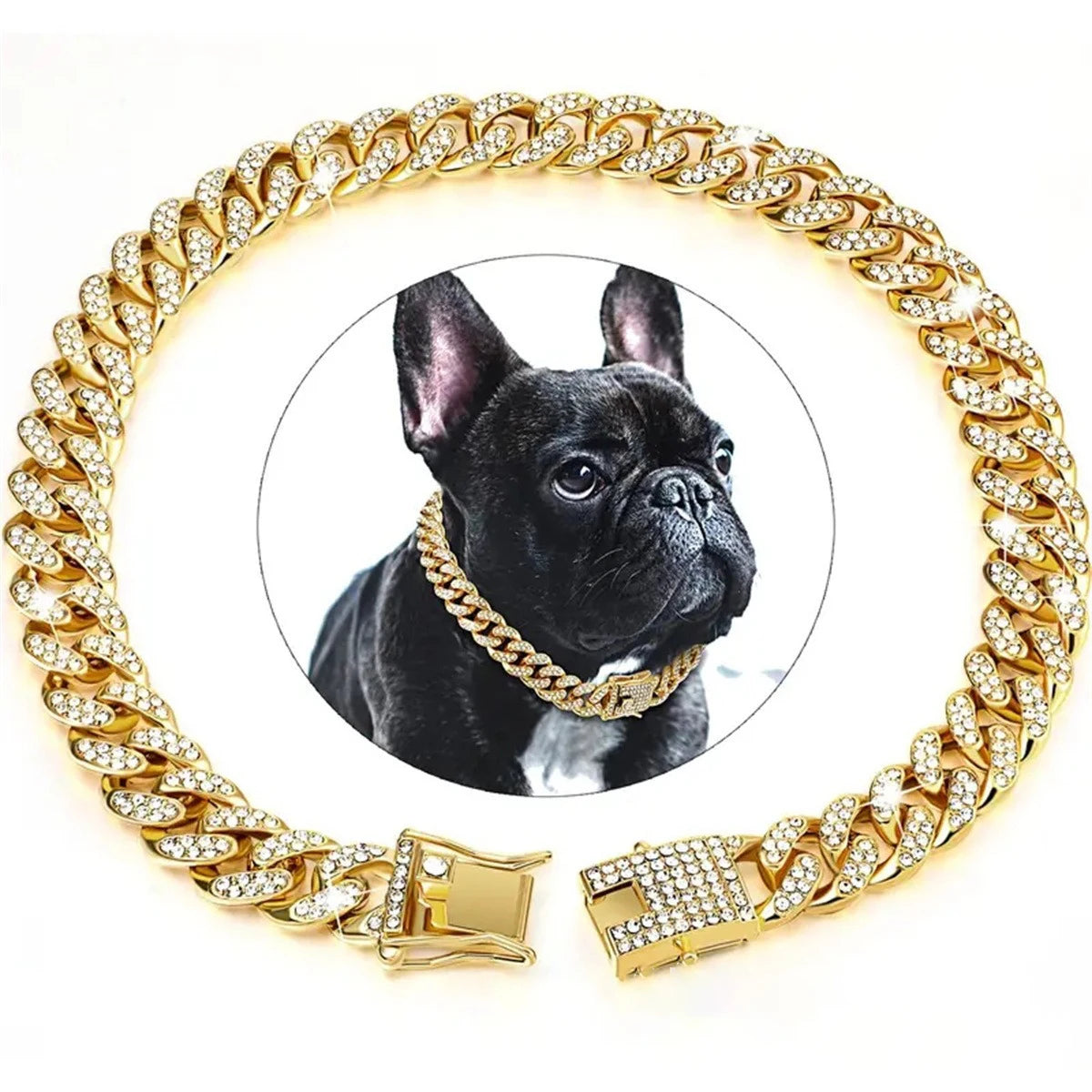 A gold-toned diamond Cuban chain collar for dogs and cats, featuring a dog's head in an inset circle.
