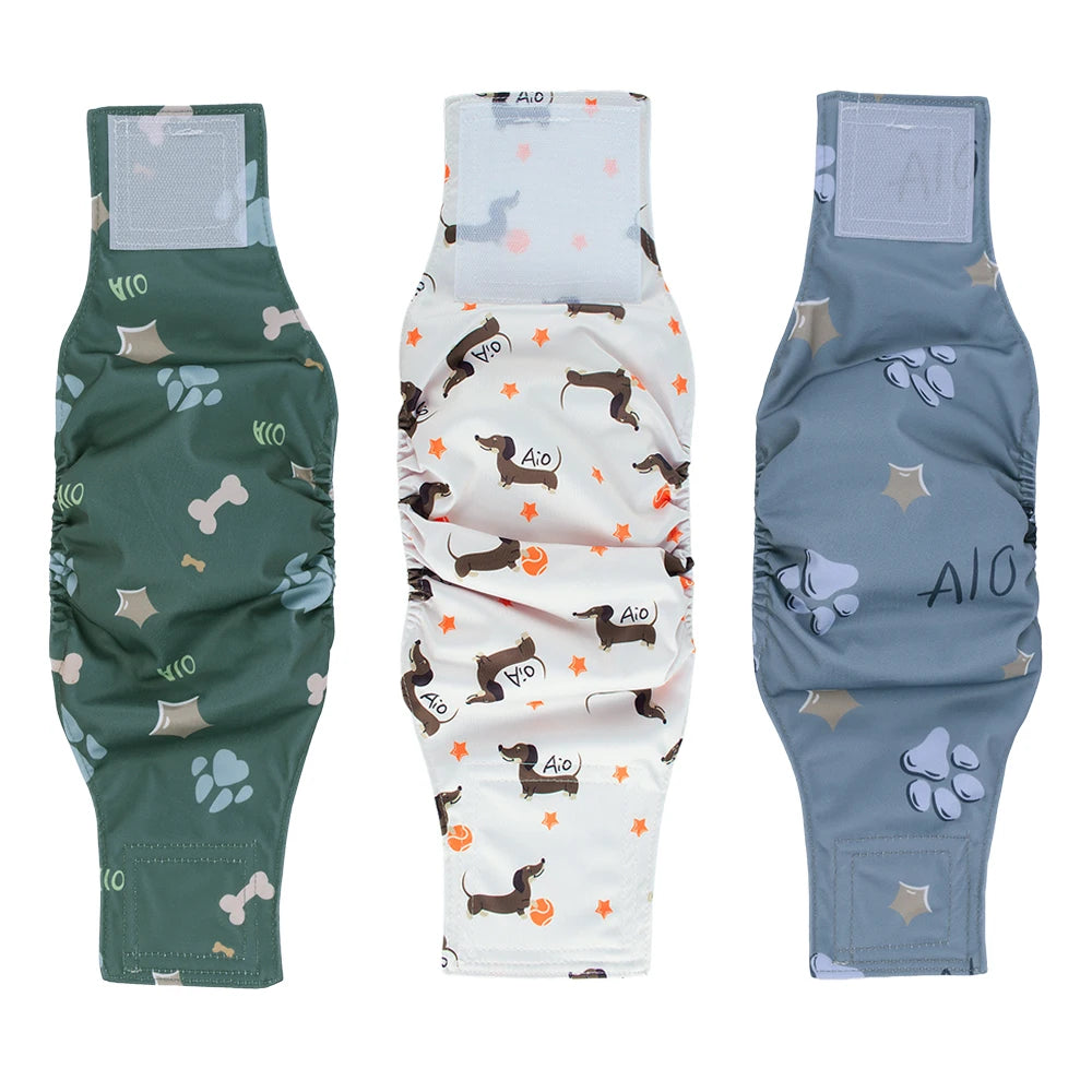Reusable dog belly bands for training and protection in green, white, and gray colors