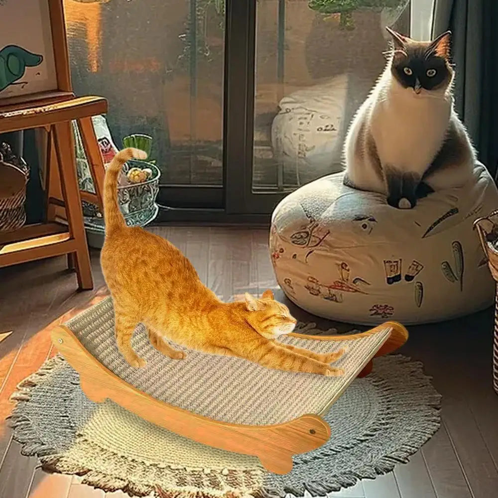 An orange tabby cat is relaxing on a sisal scratcher bed with an anti-slip base indoors.
