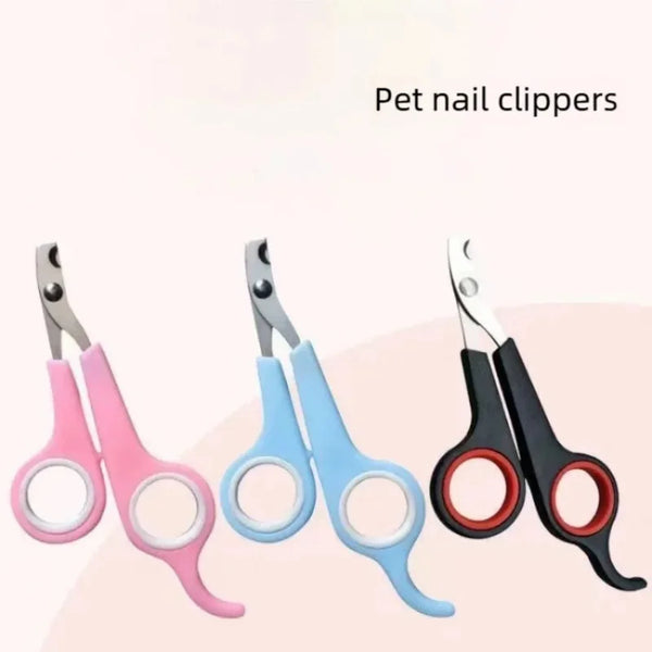 A set of pink and blue precision stainless steel pet nail clippers for dogs and cats.