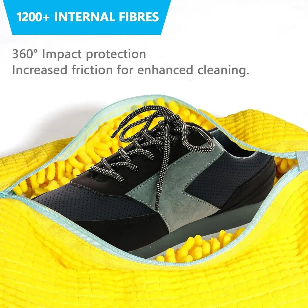 A pair of black shoe laces is visible inside a yellow fabric washing bag.