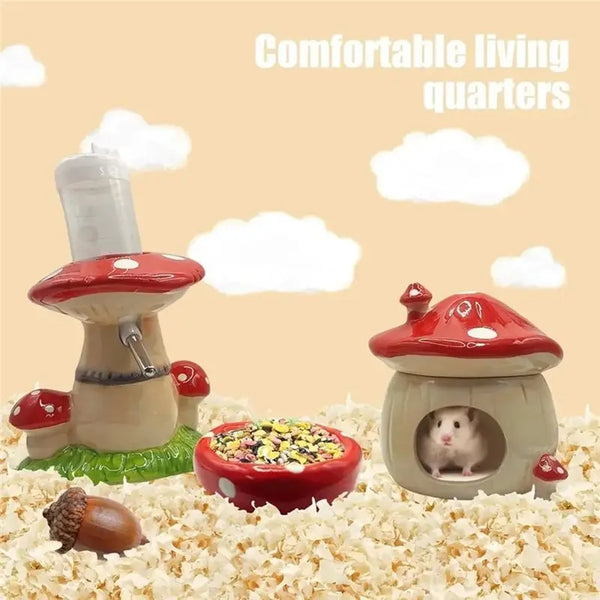 Mushroom Ceramic Hamster Hideout with Food Bowl and Water Bottle Stand
