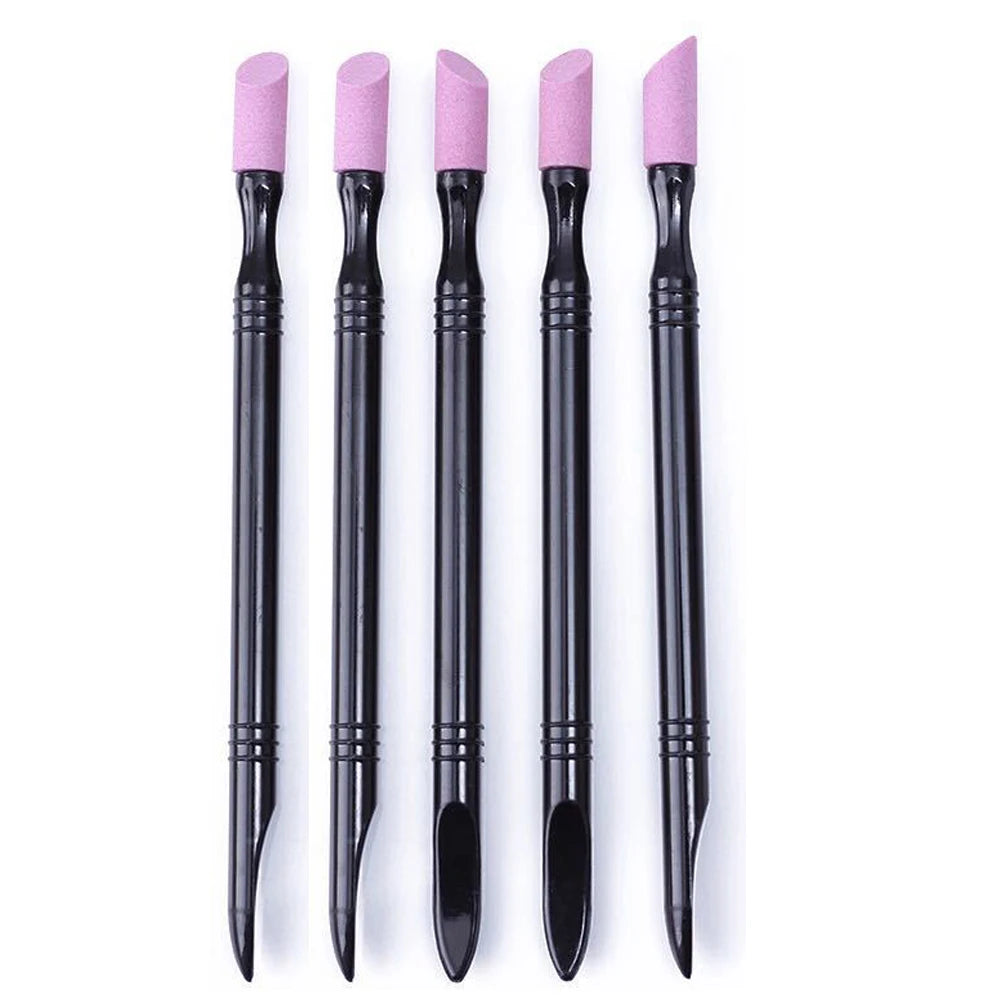 A set of four nail file cuticle pusher and buffer tools in pink and black.