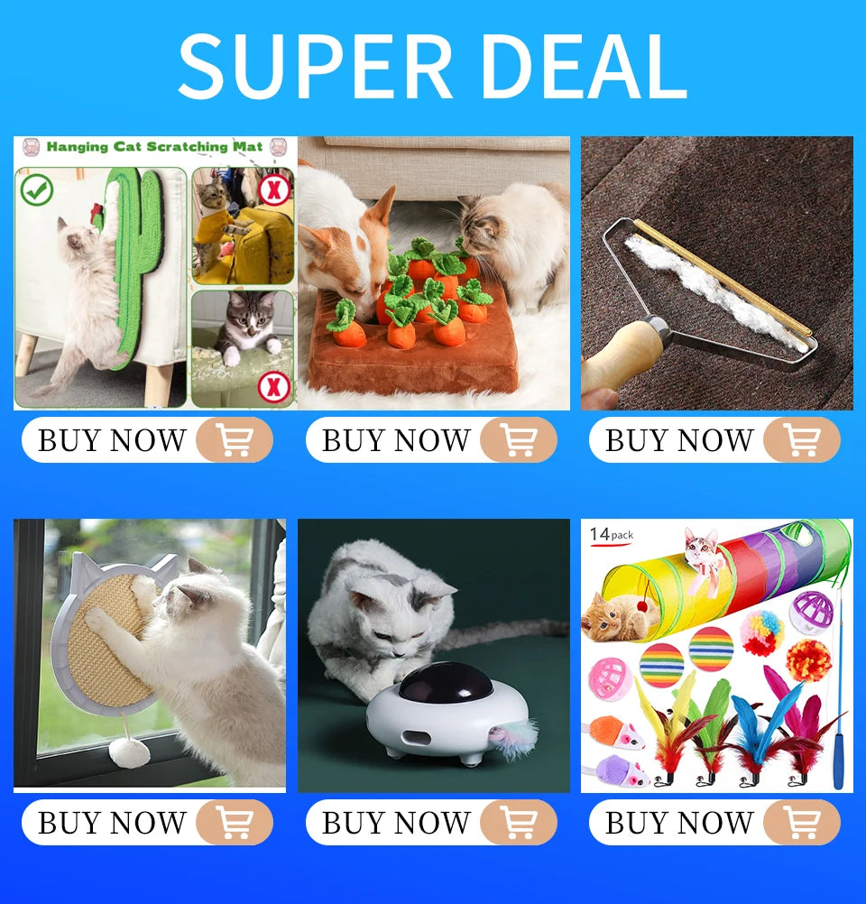 A variety pack of cat toys including a wand, sisal mice, and bell balls for cats.