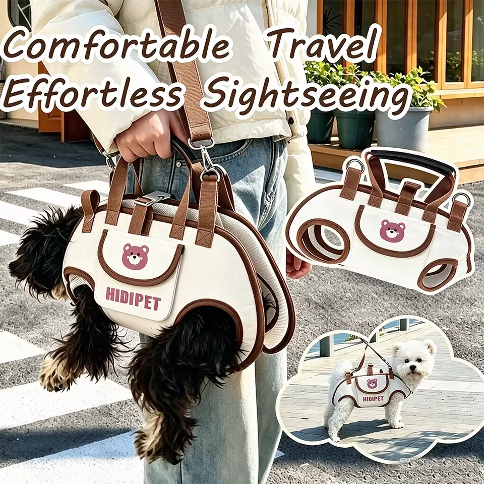 A person is holding a white pet carrier bag with brown leather straps and a detachable leash, demonstrating the product.