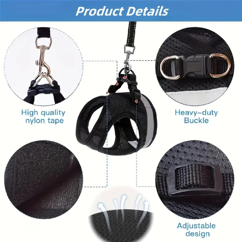 Details of an escape-proof cat harness and leash set featuring a heavy-duty buckle and adjustable design.