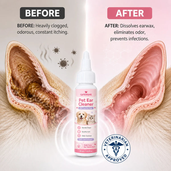 Before and after comparison showing pet ear cleaning drops for dogs and cats