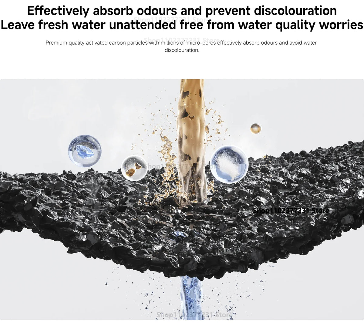 A replacement filter pack is shown being used to absorb odors and prevent discoloration in a water fountain.