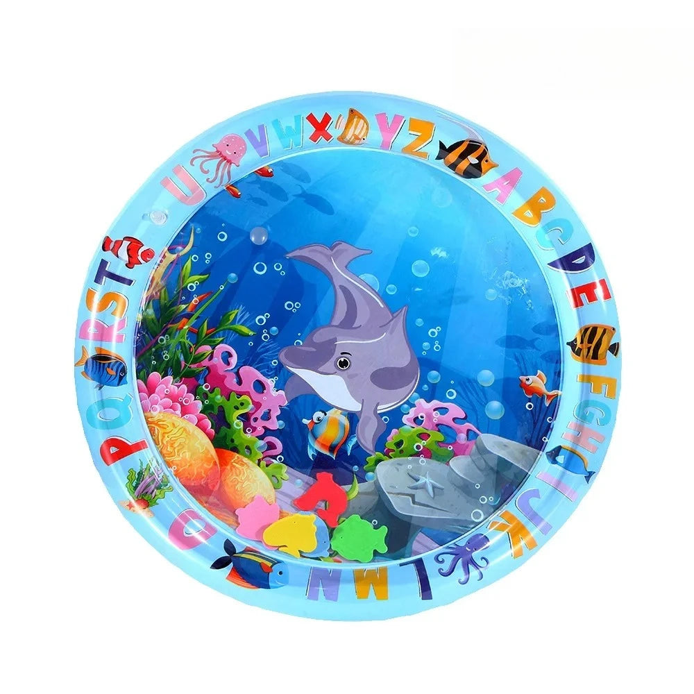 A round blue inflatable water play mat featuring colorful sea animals and letters.