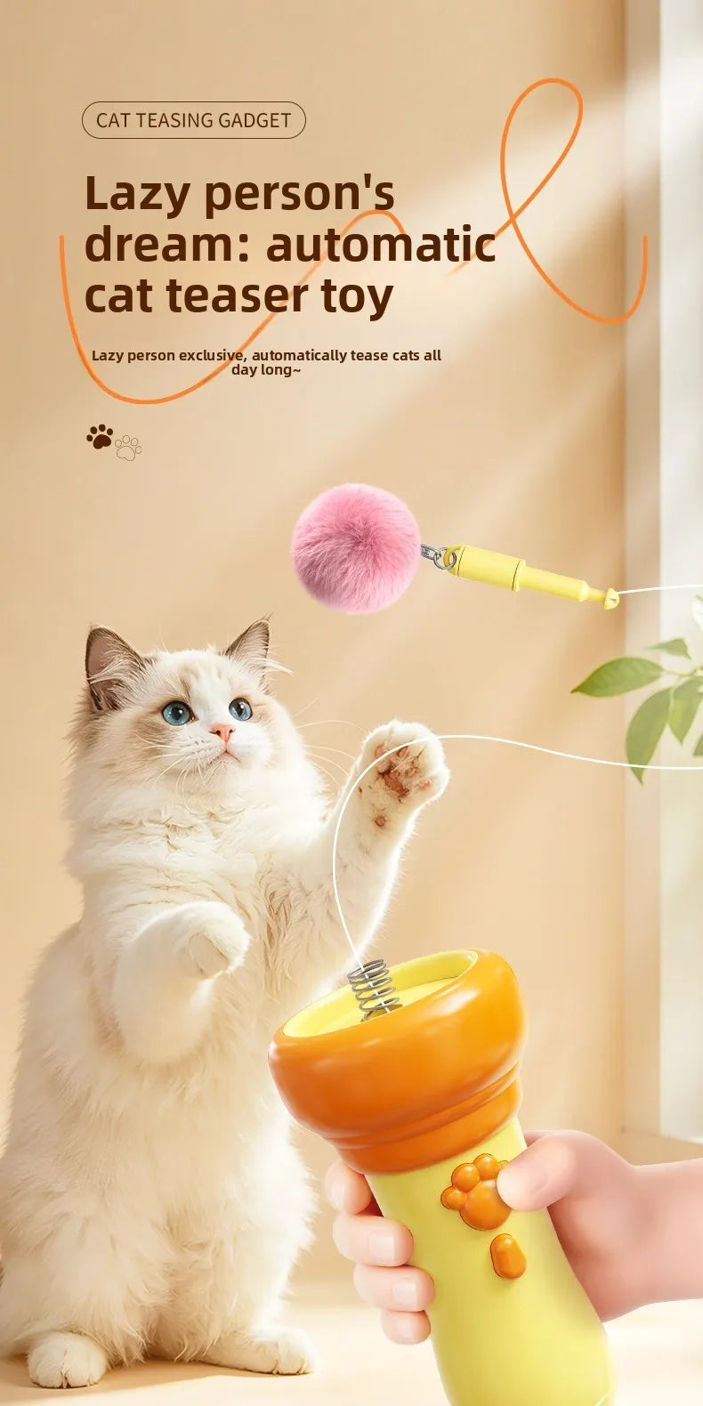 A fluffy white cat is playing with an electric interactive cat teaser toy wand.