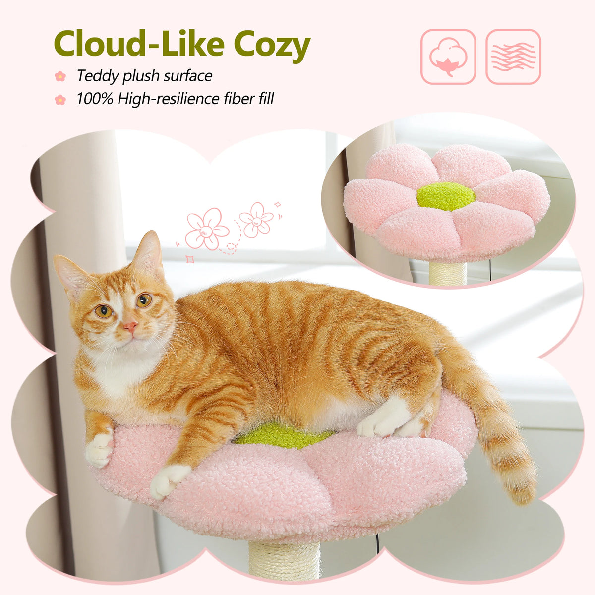 An orange tabby cat relaxing on a pink cloud-like cozy pet bed with a flower-shaped top perch.