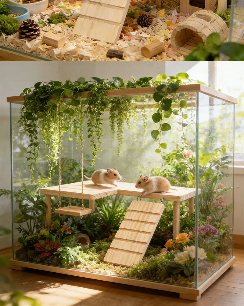 L-Shaped Wooden Hamster Platform with Stairs