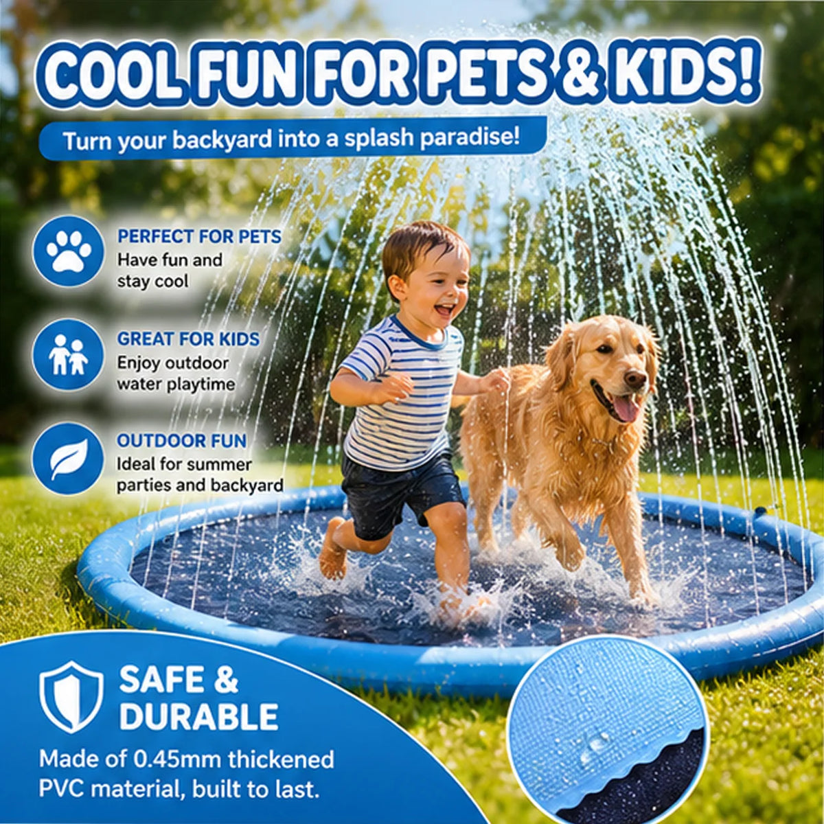 An inflatable dog splash pad with a sprinkler is being used for outdoor fun with a dog and a child.