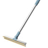 A silver long-handle pet hair remover tool with a blue handle and a flat cleaning plate.