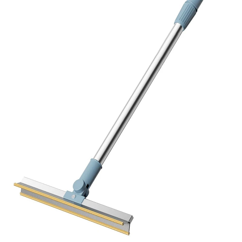 A silver long-handle pet hair remover tool with a blue handle and a flat cleaning plate.