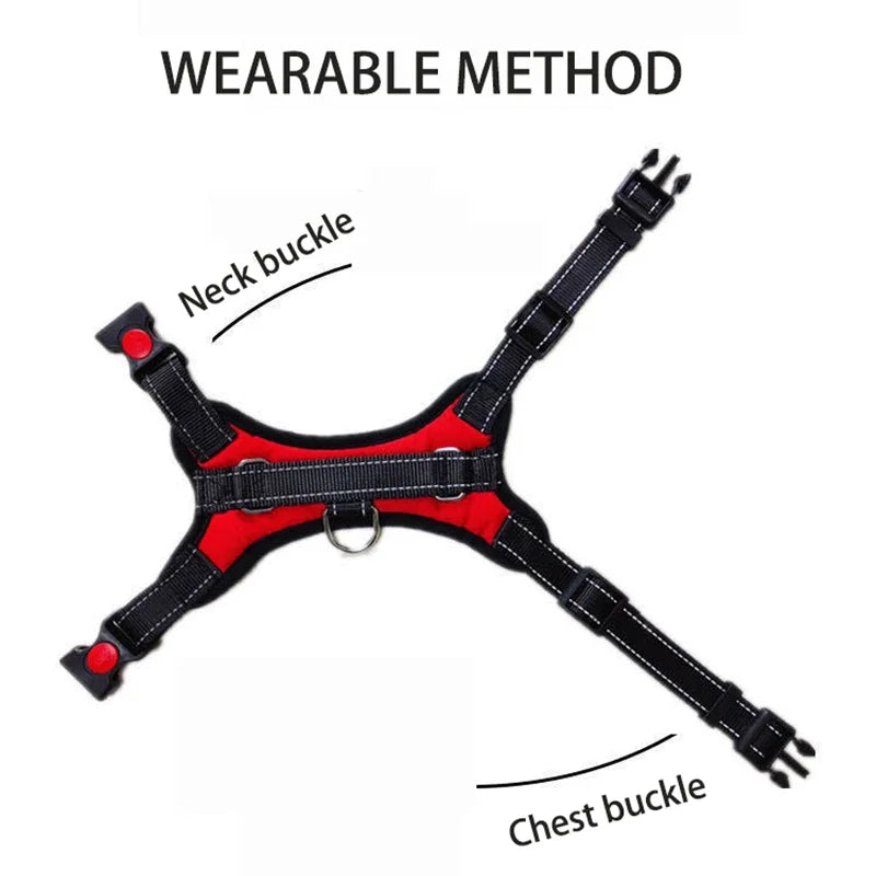 A black breathable nylon dog harness showing the neck and chest buckles.