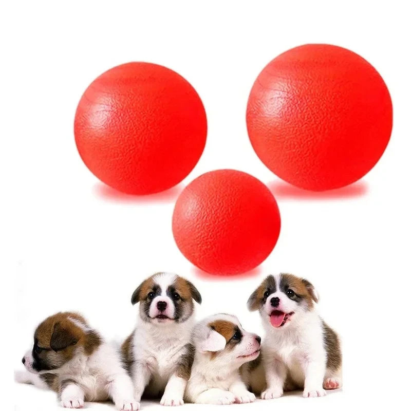 Three bright red rubber dog balls are shown with three small puppies in the foreground.