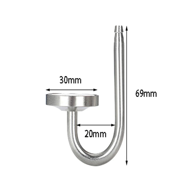 Silver aluminum CO2 diffuser shaped like a U-bend with specified dimensions.