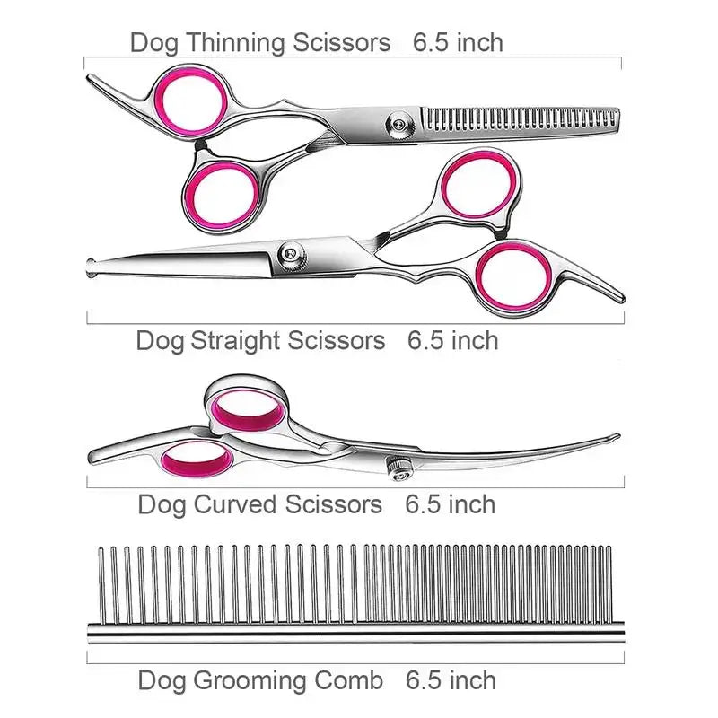 Un set de tijeras y peine para el aseo de perros de titanio premium, cada una de 16.5 cm.