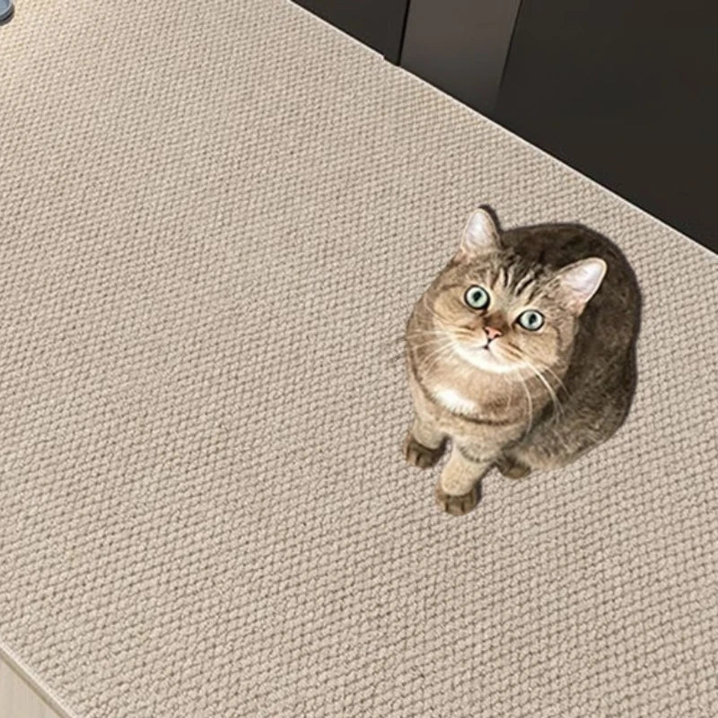 A fluffy gray tabby cat is sitting on a beige sisal scratching mat.