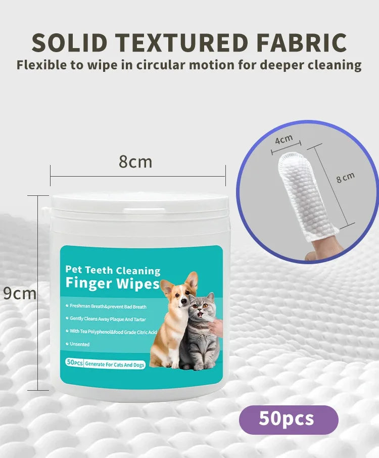 Verpackung von festem, strukturiertem Stoff für Tierzahnreinigungstücher mit 8 cm Dimension neben einer Waage.