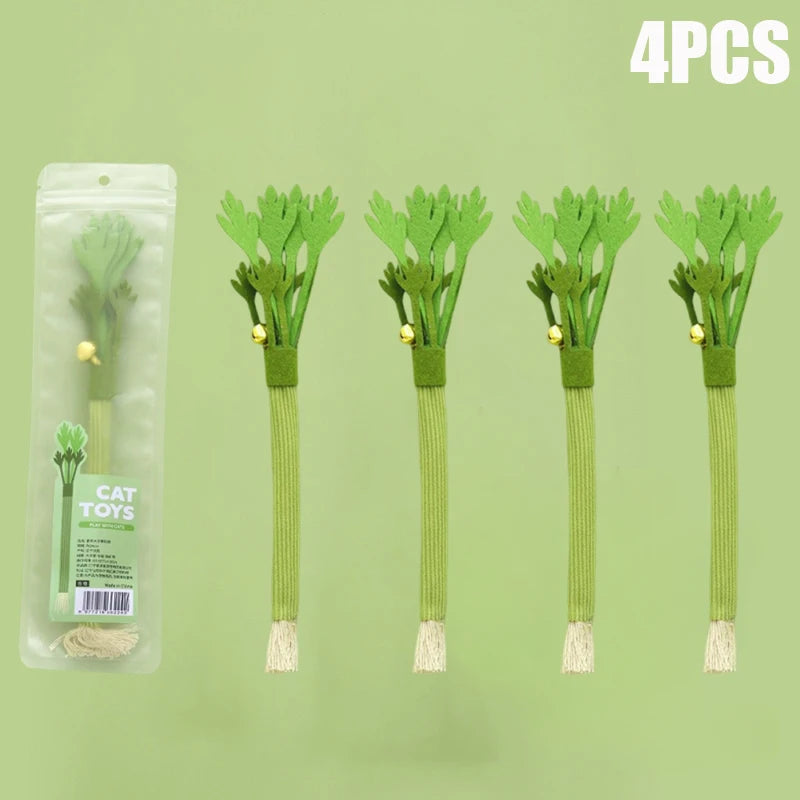Four green celery cat toys with bells packaged in a clear plastic bag
