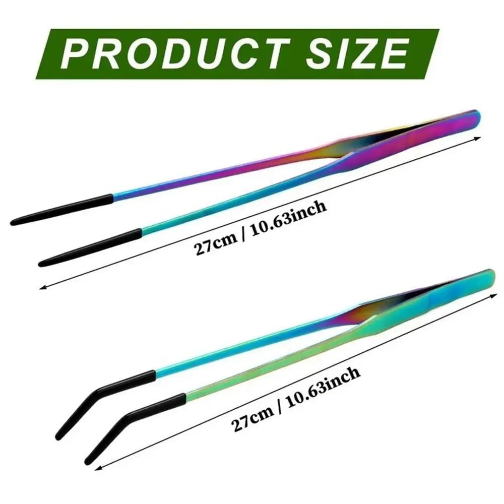 Two pairs of stainless steel aquarium feeding tweezers shown with a green background and size measurement.