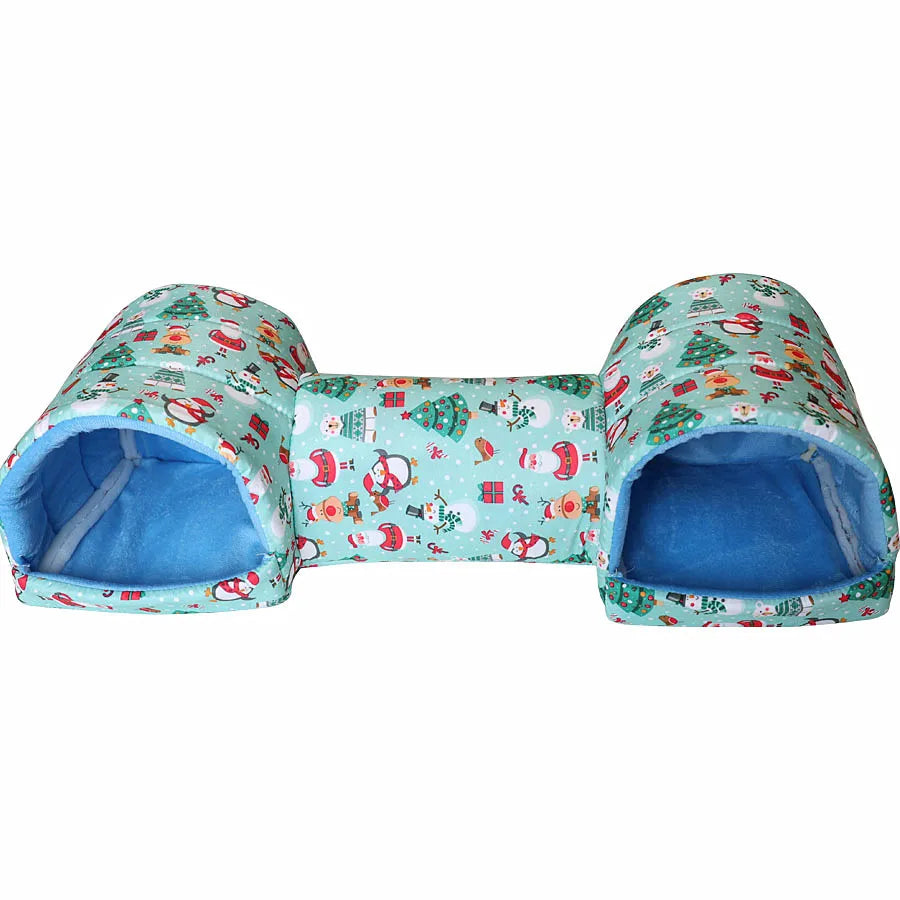 A cozy fleece tunnel bed for small pets with a blue and green holiday pattern.