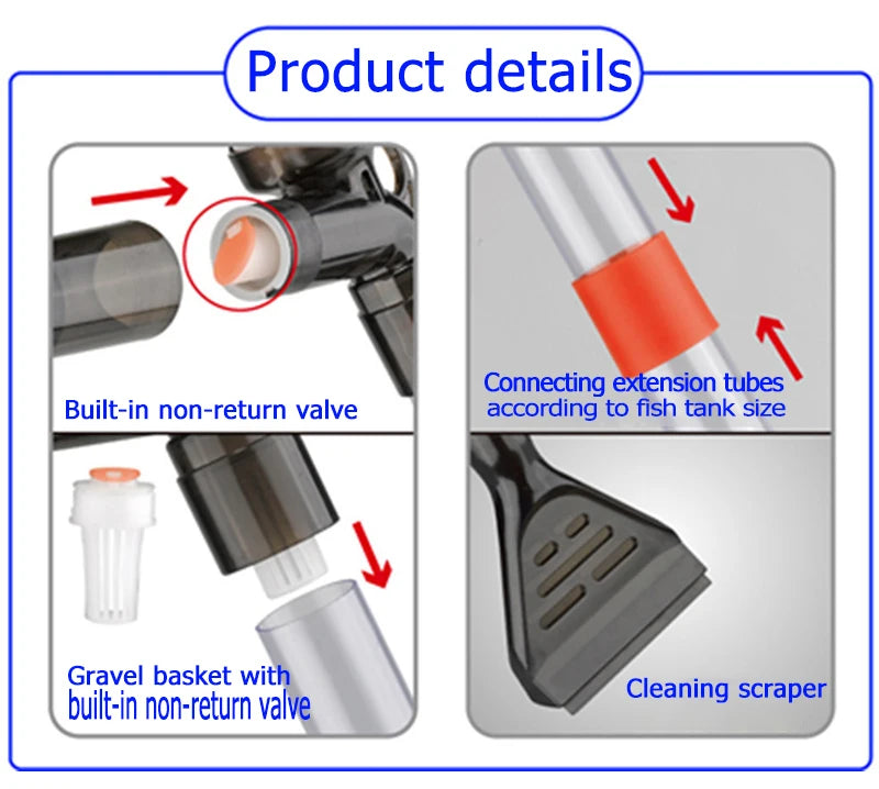 Product details showing a built-in non-return valve, connecting extension tubes, and a gravel basket with a non-return valve.