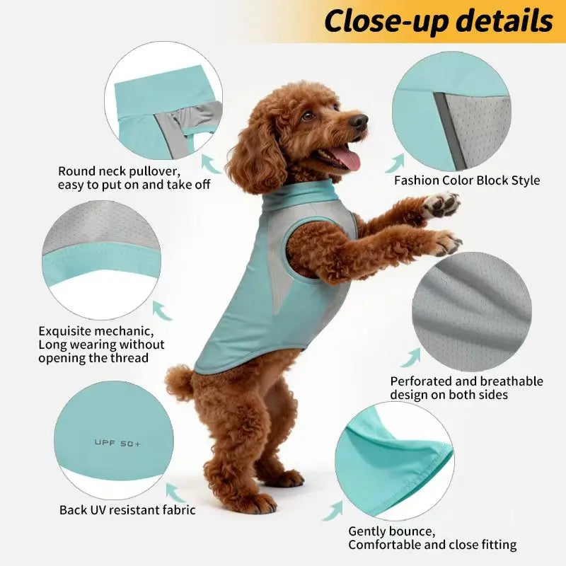 Close-up details of a light blue dog cooling vest with mesh fabric, showing features like breathable design and gentle bounce
