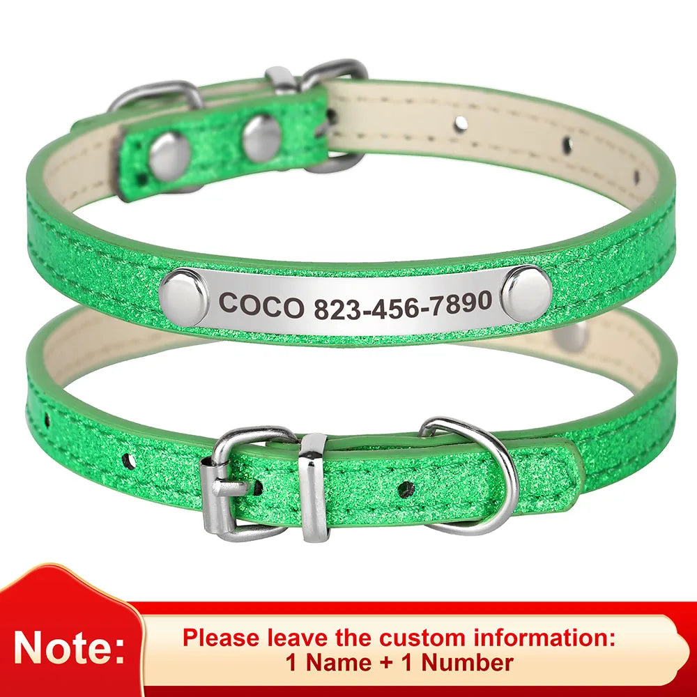 Collier de chat en cuir vert avec boucle argentée et étiquette d'identification gravée