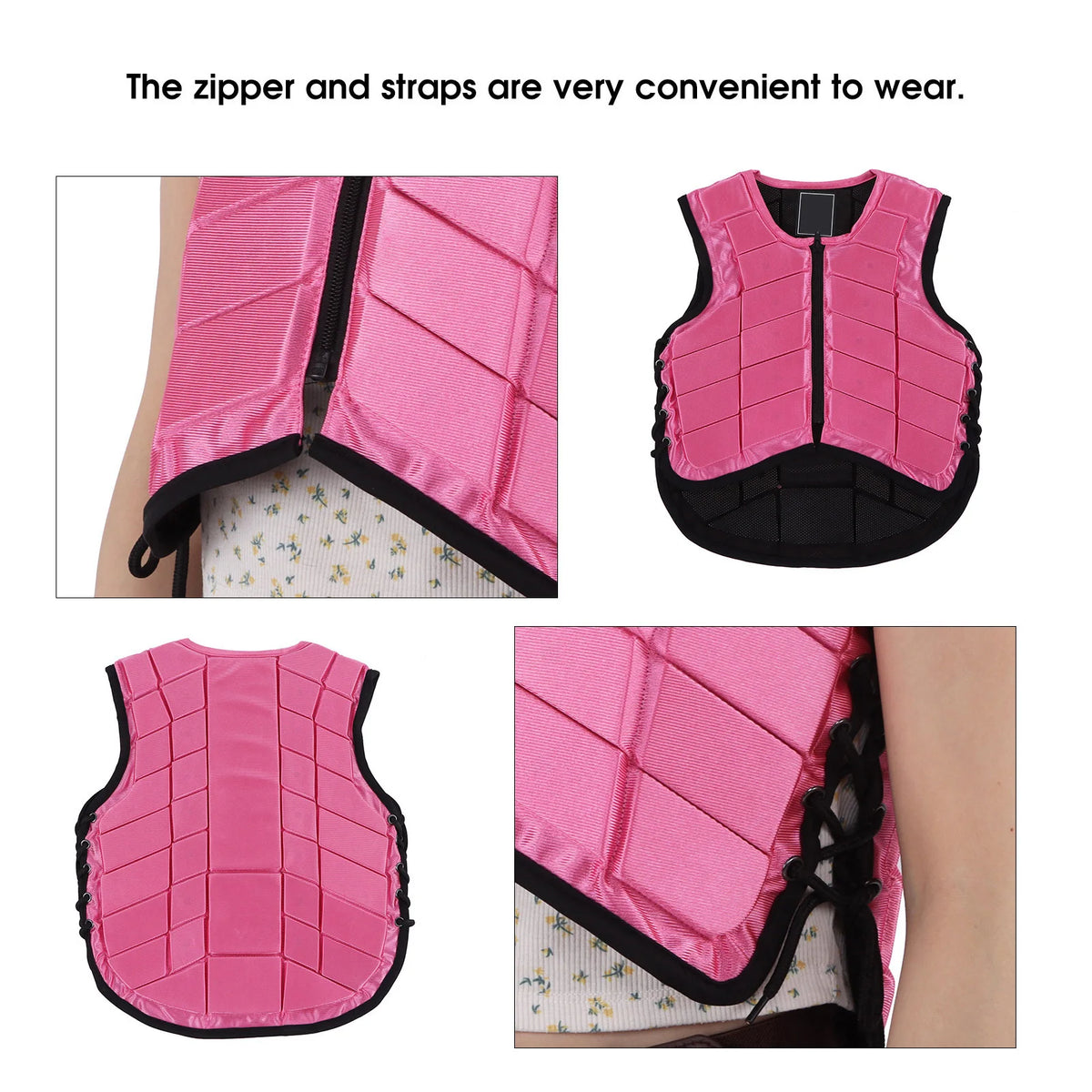 A pink kids equestrian safety vest shown in various views, highlighting the zipper and straps.