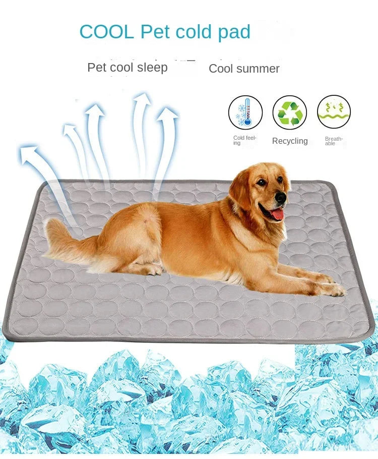 A golden retriever lies on a gray cooling pet pad surrounded by ice cubes, demonstrating the product's cooling features.