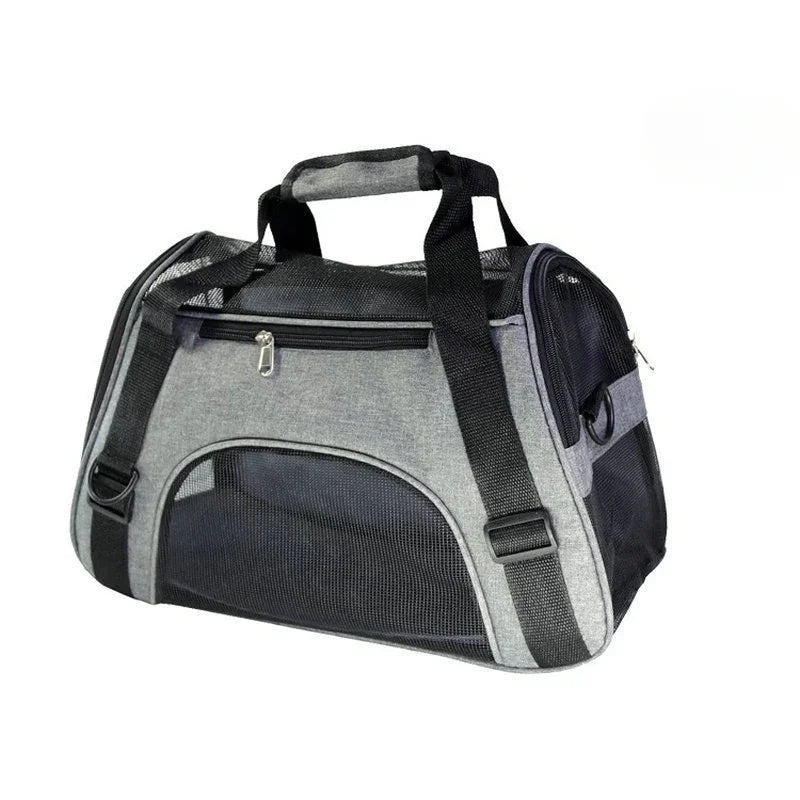 A gray and black portable foldable pet carrier for cats, dogs, and puppies.